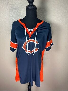 Chicago Bears Lace-Up V-Neck Short Sleeve Top Size Large – Navy and Orange
